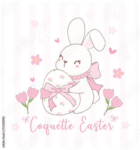 Cute Coquette bunnies with bow and easter egg Cartoon, sweet Retro Happy Easter spring animal.
