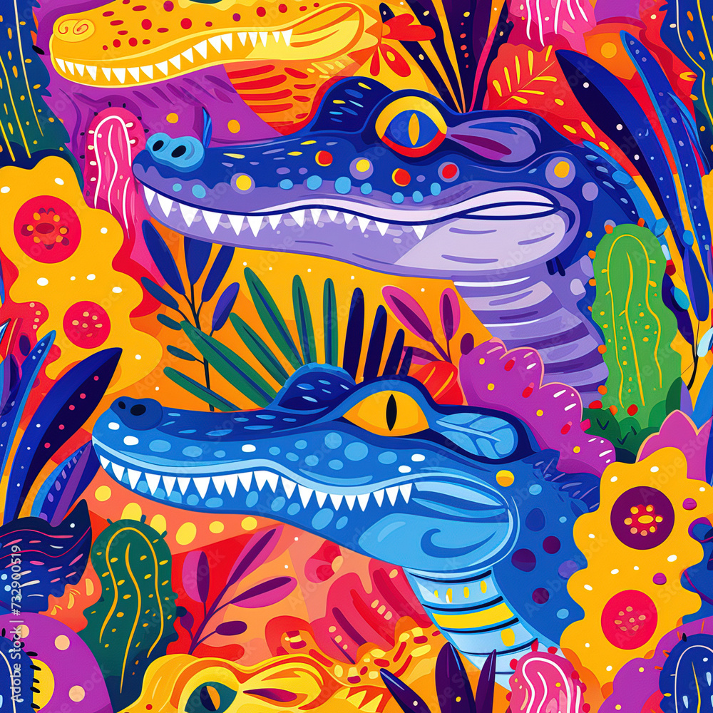 Crocodiles line art pop art cartoon colorful repeat pattern, vibrant bright party funky kawaii