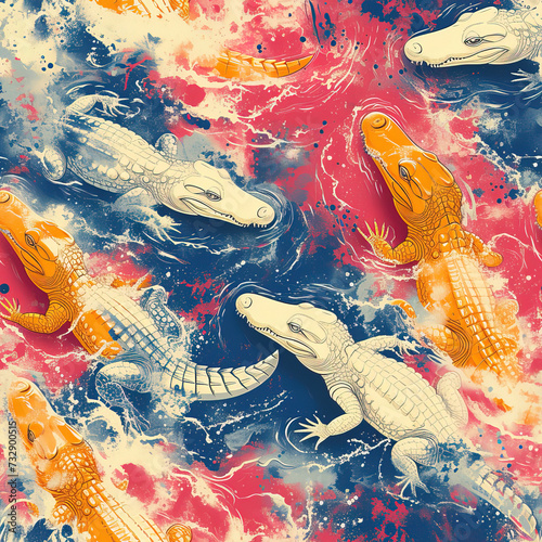 Crocodiles line art pop art cartoon colorful repeat pattern, vibrant bright party funky kawaii