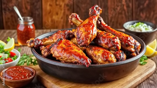A plate of barbecued Chicken Wings with various sauces and garnishes around it, a Gourmet Meal Perfect for Dinner, Packed with Flavor and Healthy Goodness