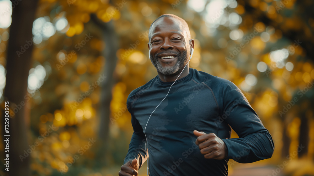 Happy black man running in tpark with music, smile and mockup in nature, garden and workout. Senior male, outdoor runner and motivated for fitness, energy and healthy exercise training with earphones.