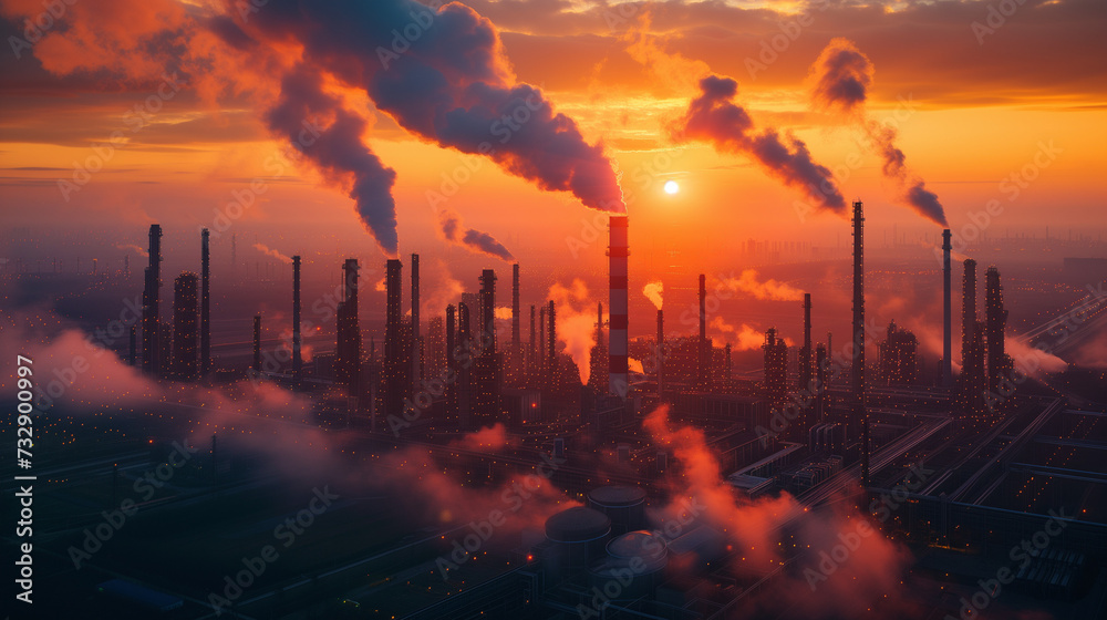 carbon storage plant, Carbon capture and storage facilities, chemical refinery at sunset, industrial chimneys with heavy smoke causing air pollution on the gray smoky