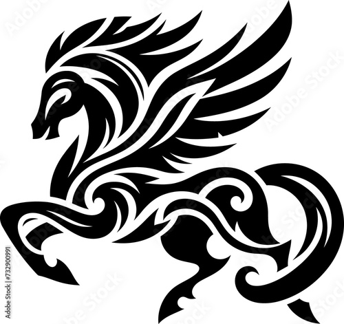 modern tribal tattoo pegasus, abstract line art of mythological creatures, fantasy, minimalist contour. Vector