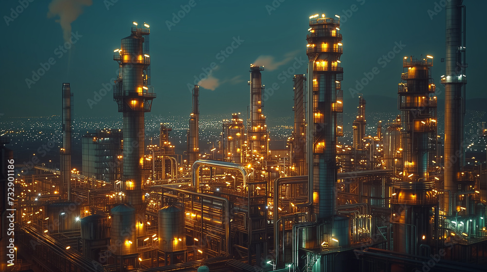 refinery at night, Air pollution by smoke coming out of the factory chimneys at night, carbon storage plant, Carbon capture and storage facilities, chemical refinery