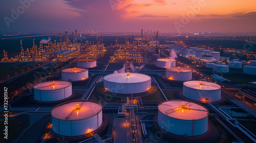 oil terminal in harbor, chimneys at night, carbon storage plant, Carbon capture and storage facilities, chemical refinery