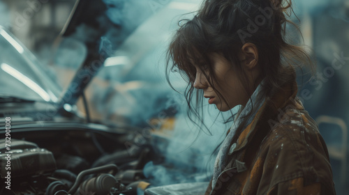 woman car and smoke or engine breakdown in a parking garage or blow gasket as mechanical failure, accident or stuck. Female person, fashion and transportation damage or auto repair