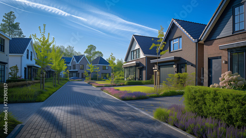 Dutch Suburban area with modern family houses, newly built modern family homes in the Netherlands, dutch family house, apartment house. Netherlands