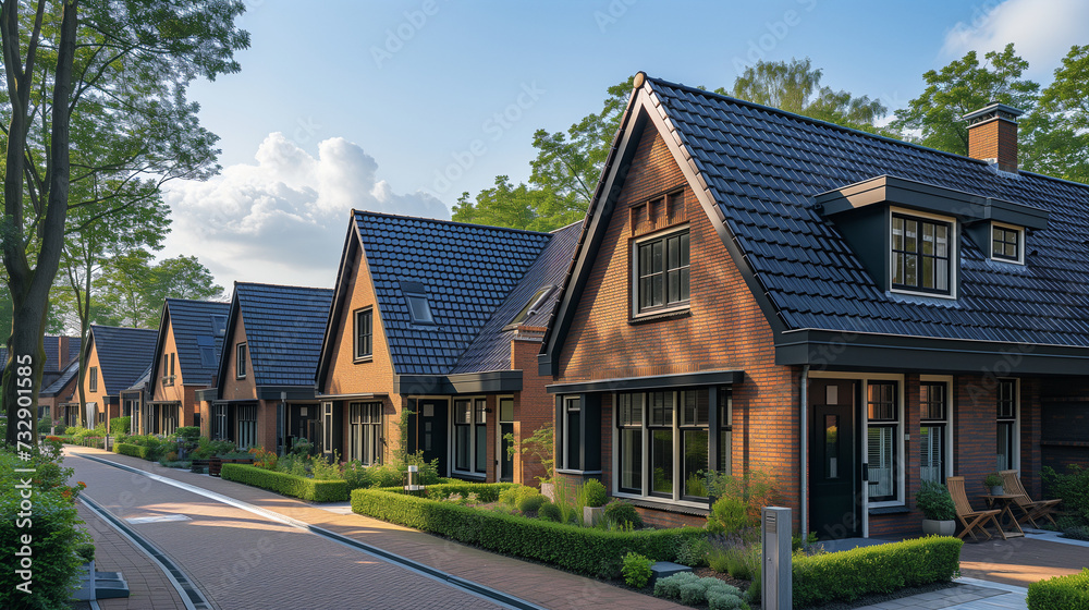 Dutch Suburban area with modern family houses, newly built modern family homes