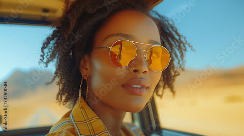 lack woman on road hanging outside a car window, enjoying window view of thedesert, and traveling in SUV on holiday road trip to South Africa. Travel adventure drive, happy summer vacation and explore photo