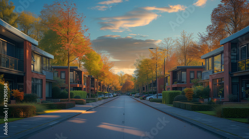 Street with modern family houses in urban suburb in the Netherlands