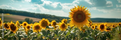 Yellow sunflowers growing in a large field during a summer afternoon