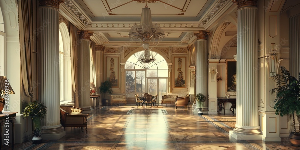 Interior of a luxury mansion - real estate for the ultra wealthy one percent. Empty interior - obrazy, fototapety, plakaty 