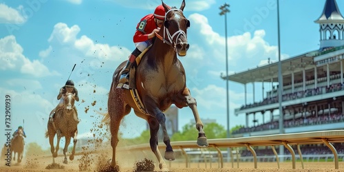 Horse racing concept with jockeys riding stallions on the track