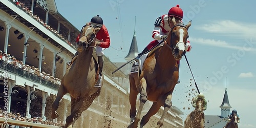 Horse racing concept with jockeys riding stallions on the track