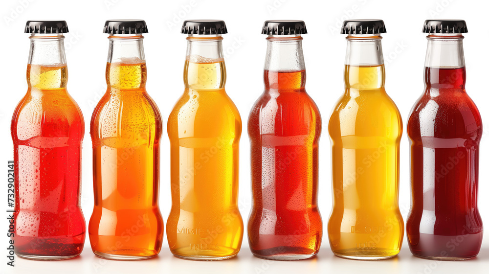 Set of natural vegetable or fruit juice bottles with black pleated caps, no labels. Isolated on white background. Set of natural vegetable or fruit juice bottles with black pleated caps, no labels. Isolated on white background.