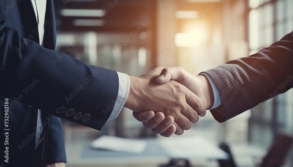 Businessman and engineer shake hands in architectural bureau, close up. Buyer of house shaking hands with seller in dealership. Concept of choosing and buying new home. 