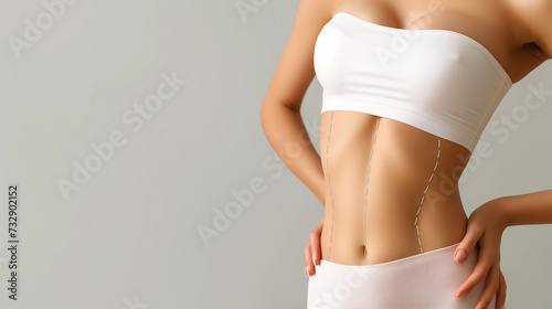 A close-up shot of a fit woman's abdomen with dashed lines, showcasing fitness or wellness concept. The light background provides ample space for adding text or graphics.