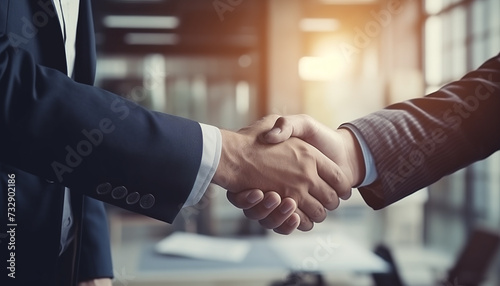Businessman and engineer shake hands in architectural bureau, close up. Buyer of house shaking hands with seller in dealership. Concept of choosing and buying new home. 