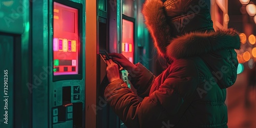 Man using ATM (automated teller machine) outside city bank branch at night. photo