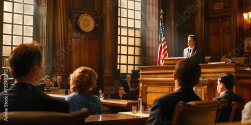 Courtroom concept design by AI to represent the justice system with prosecutors, public defenders, and the judge