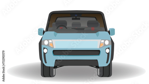 Vector or Illustrator front view of SUV car. EV car blue color. Can view interior of car. With shadow of car Isolated white background.