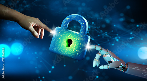 Businessman and Ai Robot hands pointing Keyhole in data security. Cyber data and information privacy. Future technology security, Network protection, and Artificial Intelligence safety digital Concept