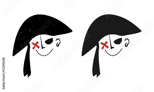 Smile pirate logo with 2different style drawing minimal and grunge textured. Pirate logo concept made with X marking treasure map as eye patch. Design for print, clothing, poster, logo, t shirt, etc.