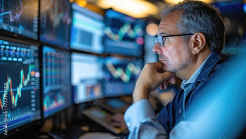 Mature businessman analyzing stock market data on computer monitors