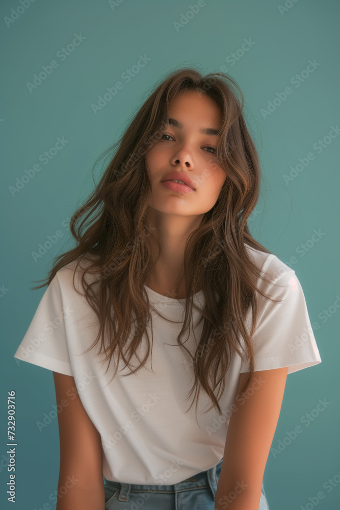 Portrait of a naturally beautiful young woman in white shirt with a relaxed expression. Portrait of a naturally beautiful young woman in white shirt with a relaxed expression.