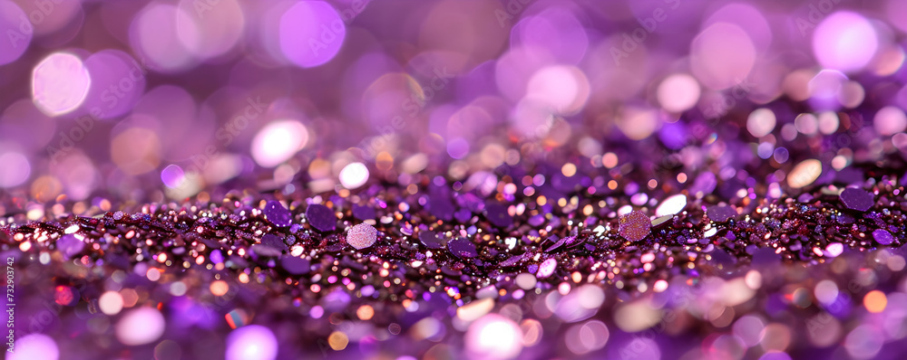 Abstract purple and pink glitter lights background. Circle blurred bokeh. Romantic backdrop for Valentines day, Women's or Mother's day, holiday or event