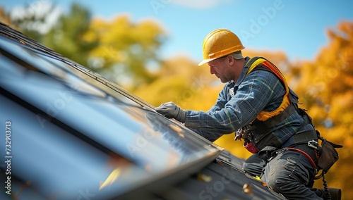 Man installing solar panels on a sunny day