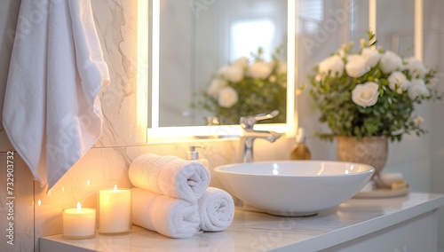 Bathroom interior with white towels and candles. Bathroom decoration