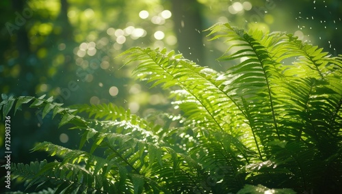 Morning sun illuminates green fern leaves in the forest