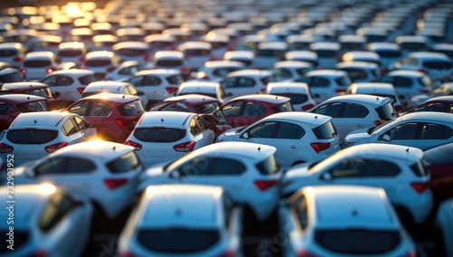 Vast parking lot filled with white cars at sunset