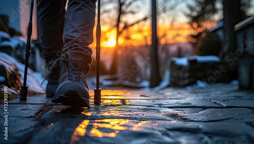 Hiker in boots with trekking poles walks at sunset