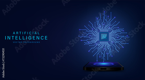 Artificial intelligence technology circuit on smartphones. Technology abstract background. Futuristic technology artwork for web, banner template. Big data and machine learning. Vector illustration.