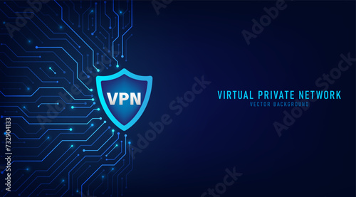 Virtual private network. Security wifi internet and Private network concept. Personal privacy protection. VPN symbol on the circuit board. Vector illustration on blue background.