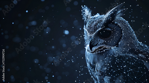 Owl isolated from low poly wireframe on dark background. Wild bird of prey. Vector polygonal image in the form of a starry sky or space, consisting of points, lines, and shapes in the form of stars photo
