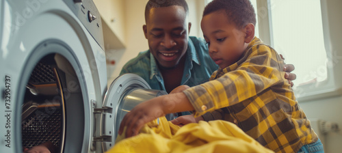 A father and his son are working together to load dirty laundry into the washing machine at home. The image captures a heartwarming moment of family cooperation and domestic chores.