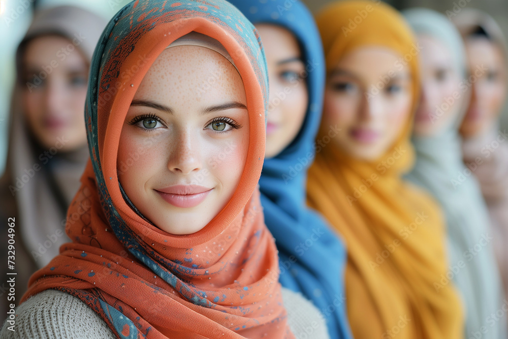  Hijabs : Portrait Group of women wearing different colored hijabs, symbolizing unity among various cultures and ethnicities - obrazy, fototapety, plakaty 