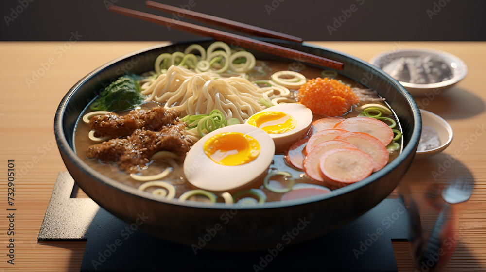 Savory Ramen Delight: Photorealistic 3D Rendering of Irresistible Japanese Ramen Bowl Savory Ramen Delight: Photorealistic 3D Rendering of Irresistible Japanese Ramen Bowl