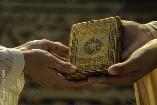 pair of hands, one lighter and one darker, are holding a beautifully decorated quran with intricate golden designs on its cover