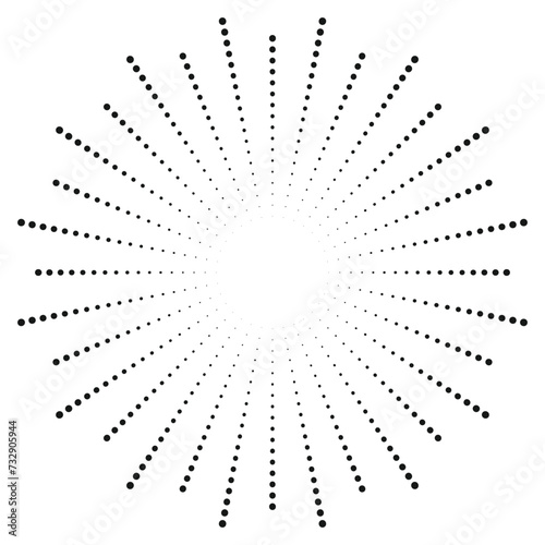 Halftone circle element. Sunburst, sunburst pattern. Radial, radiating lines. Vector illustration, sparkling star and blink