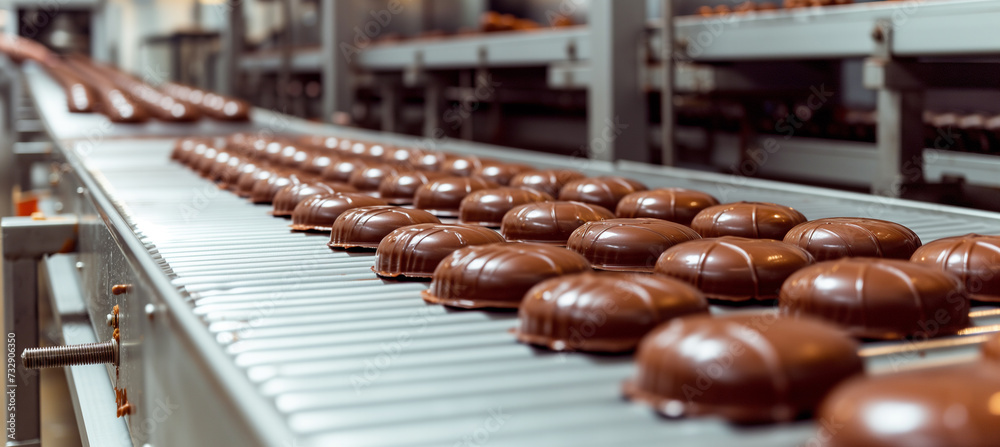 A modern confectionery factory showcasing an efficient chocolate candy production line equipped with a conveyor belt. Highlighting the industrial food processing and manufacturing concept.