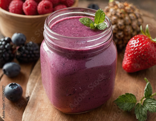 Healthy berry smoothie in a jar on a wooden tablem real photo photo