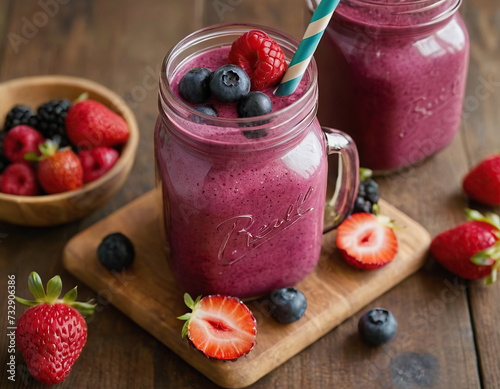 Healthy berry smoothie in a jar on a wooden tablem real photo photo