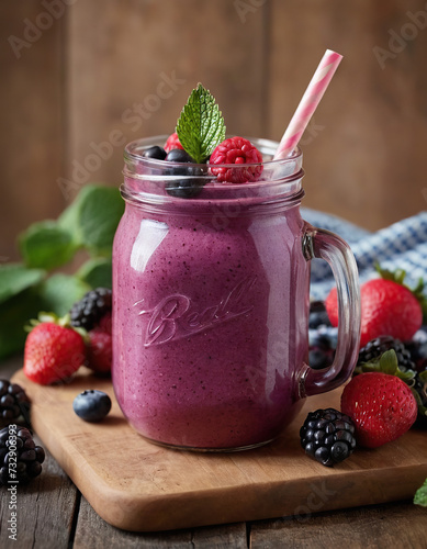 Healthy berry smoothie in a jar on a wooden tablem real photo photo