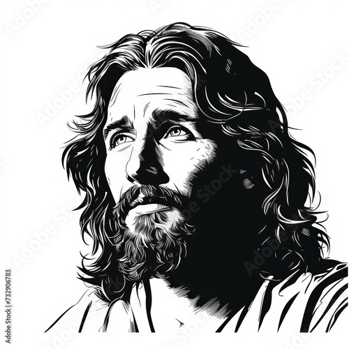 Monochrome Illustration of Jesus Christ in Contemplation

