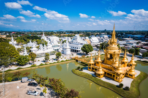 Aerial view of White Temple or Wat Rong Khun in Chiang Rai, Thailand