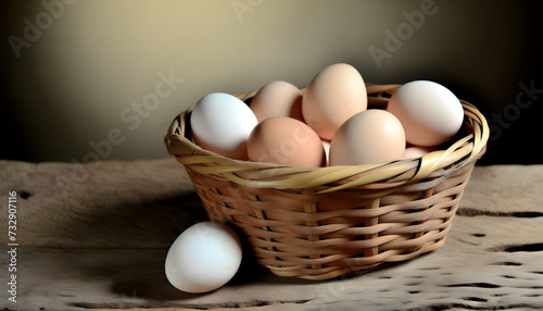 several chicken eggs placed in a basket have been created, capturing the essence of organic and farm-fresh themes
